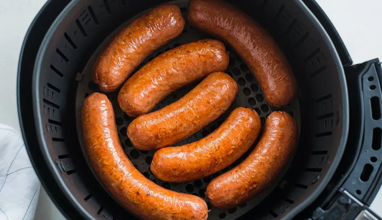 Sette salsicce dorate e succulente cuociono nella friggitrice ad aria, pronte per essere gustate.