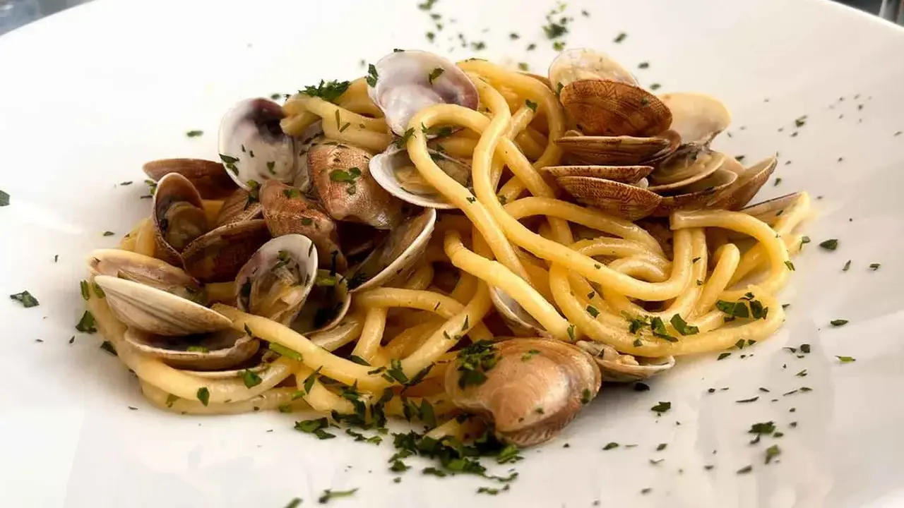 Spaghetti con lupini di mare, un piatto di pasta fresca condita con molluschi e prezzemolo tritato, servito su un piatto bianco.