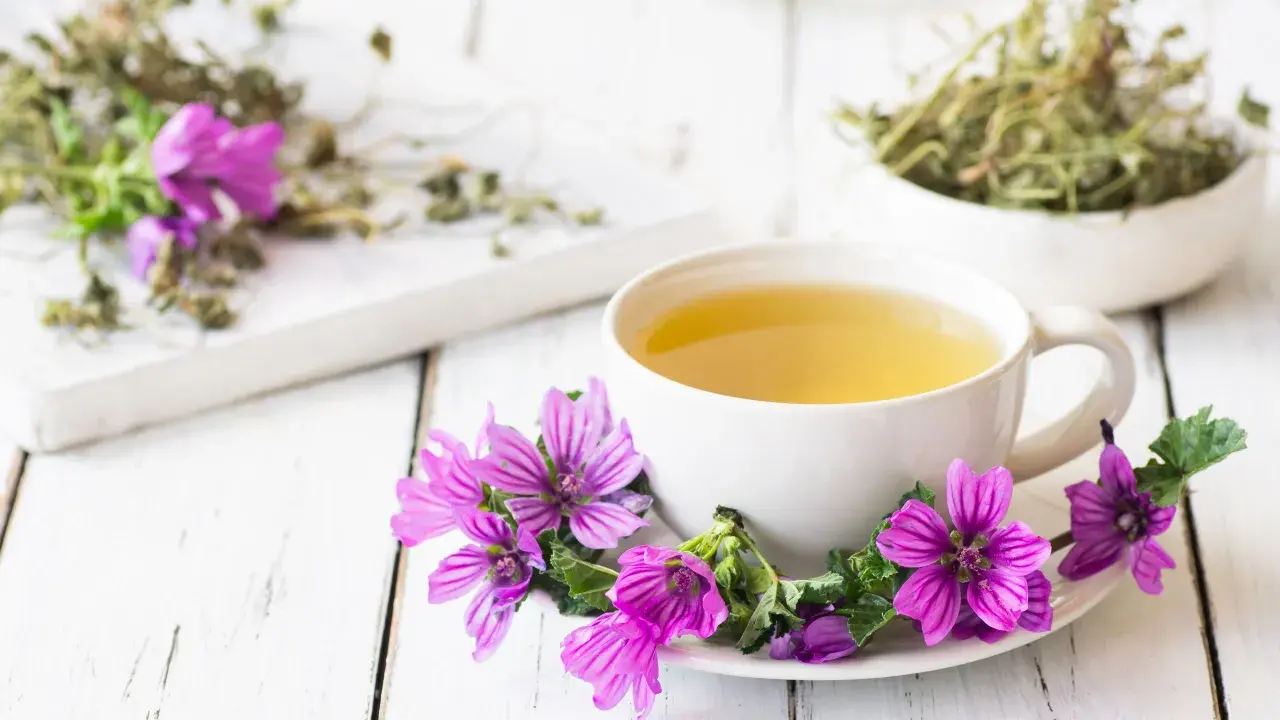 Una tazza di tisana alla malva, decorata con fiori viola, pronta a donare i suoi benefici.