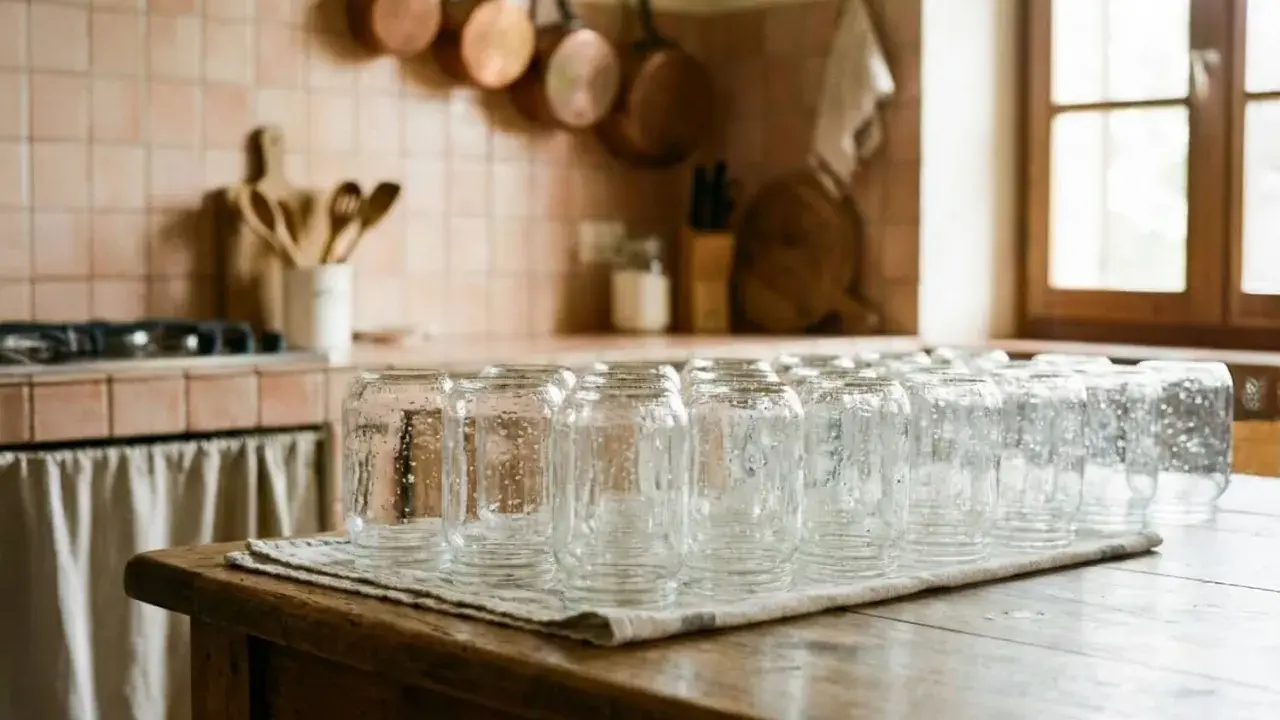 Una fila di vasetti di vetro puliti, pronti per imparare come sterilizzare i vasetti per le conserve. La cucina rustica fa da sfondo.