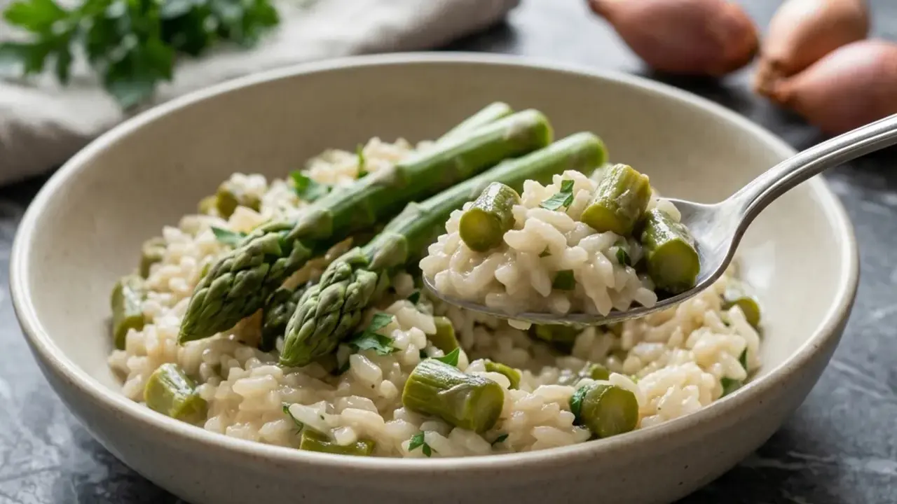 Un cremoso risotto con asparagi freschi, guarnito con prezzemolo tritato. Una forchettata mostra la consistenza perfetta.