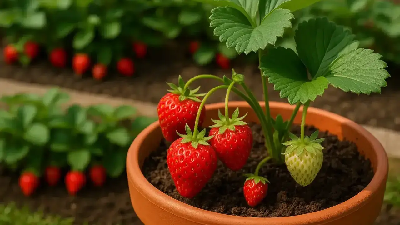 Fragole mature e verdi in vaso, pronte per essere raccolte. Un buon inizio per capire come conservare le fragole fresche.
