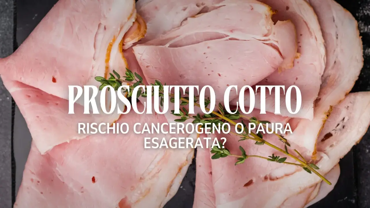 Fette di prosciutto cotto, con testo che interroga sul rischio cancerogeno.
