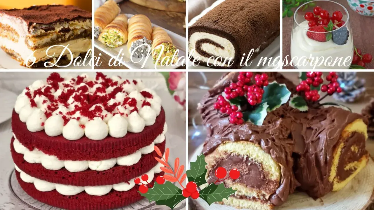 Collage di dolci natalizi: tiramisù, cannoli, tronchetto al cioccolato, torta Red Velvet e coppetta con frutti rossi. Un tripudio di sapori, con il mascarpone protagonista.