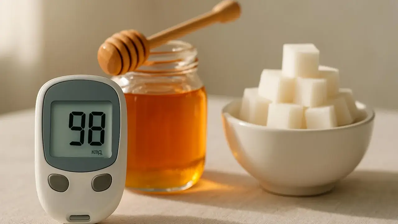 Glucosio a 98. Un barattolo di miele con un mestolo e zollette di zucchero. Il miele alza la glicemia.