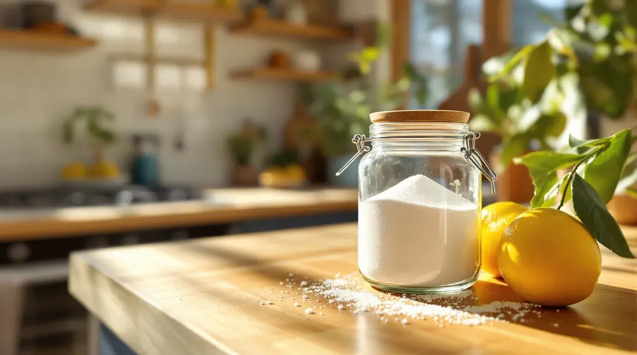 Barattolo di acido citrico e limoni su un tavolo di legno, pronti per vari usi domestici e di pulizia.