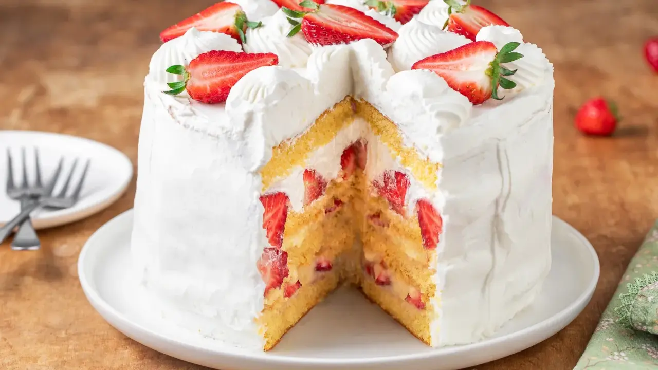 Torta fragole e panna, soffice pan di Spagna farcito con panna montata e tante fragole fresche, decorata con fragole a fette e ciuffi di panna.