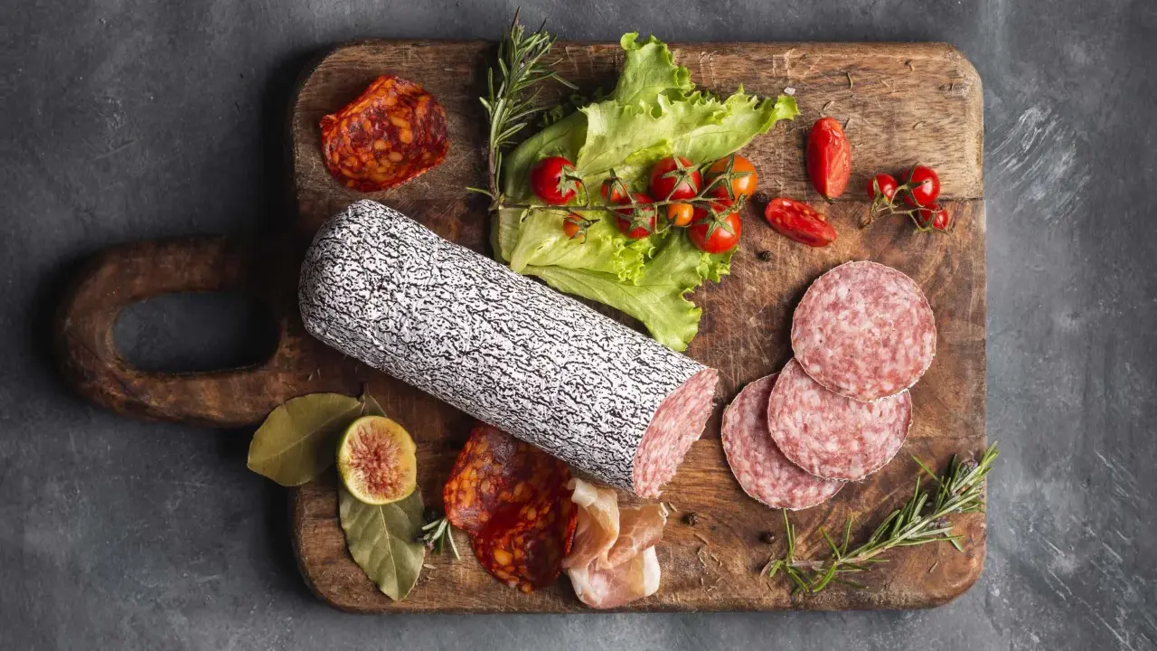 Assortimento di tipi di salame su tagliere in legno, con pomodorini, lattuga e fichi.
