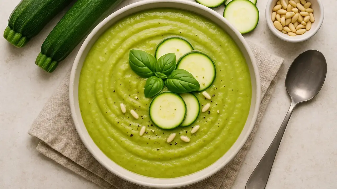 Vellutata di zucchine cremosa, guarnita con fette di zucchina, basilico e pinoli. Accanto, zucchine fresche e un cucchiaio.