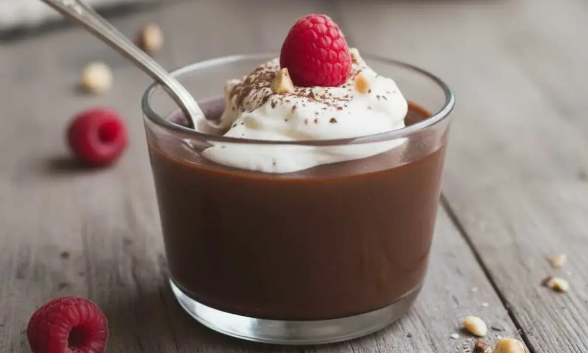 Budino fatto in casa al cioccolato, guarnito con panna montata, un lampone e nocciole tritate. Un cucchiaino d'argento è immerso nel dolce.