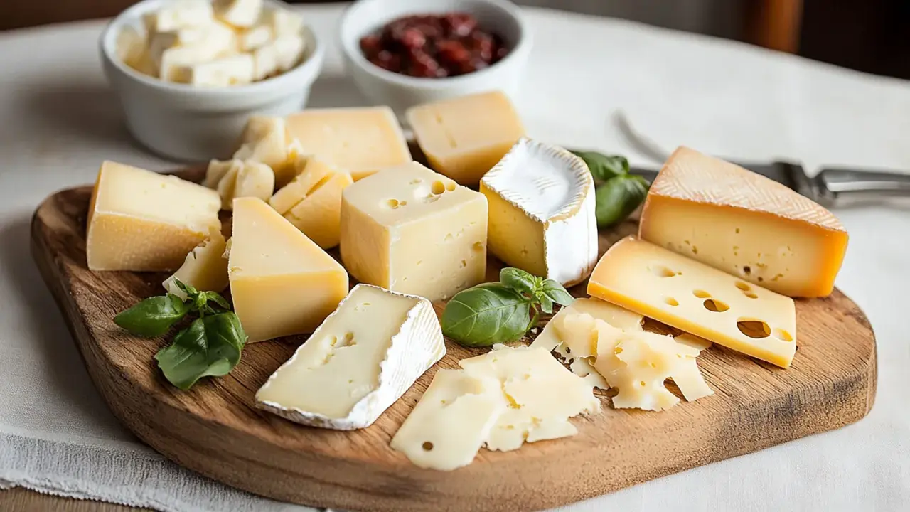 Selezione di formaggi misti su tagliere, con ciotole di formaggio a cubetti e marmellata. Un'idea per gustosi formaggi in gravidanza, con attenzione alla varietà.