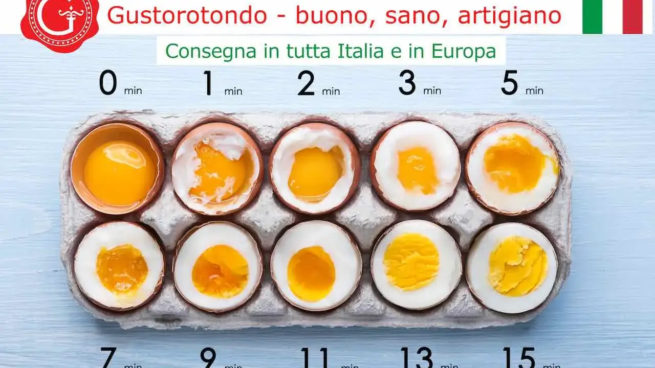 Guida visiva su come cucinare le uova: da crude a sode, con tempi di cottura da 0 a 15 minuti.