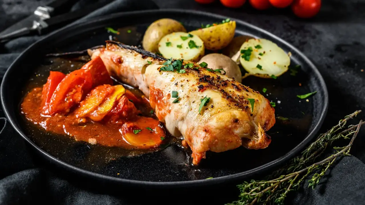 Un succulento piatto di coda di rospo cotta al forno, servita con pomodori e patate novelle.
