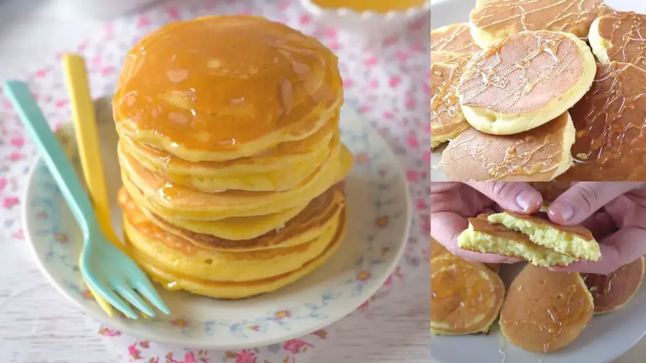 Pancake con farina di riso, soffici e dorati, impilati su un piatto con due forchette colorate. Alcuni sono guarniti con sciroppo.