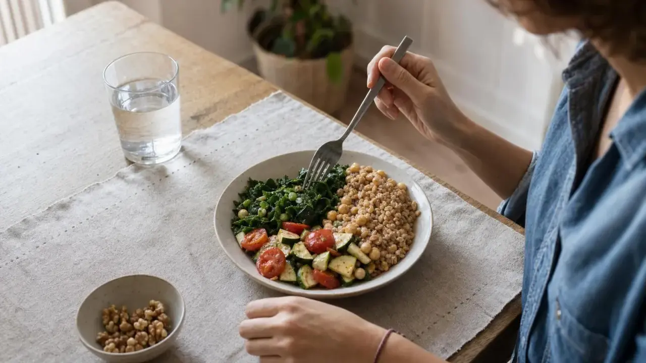 Donna mangia un piatto colorato con cereali, verdure e ceci, un pasto salutare per chi cerca come abbassare la glicemia.