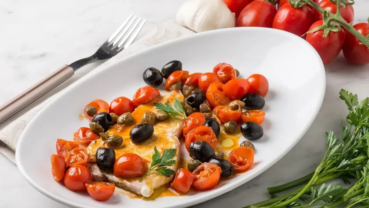 Un succulento pesce spada alla siciliana, condito con pomodorini, olive nere e capperi, guarnito con prezzemolo fresco.