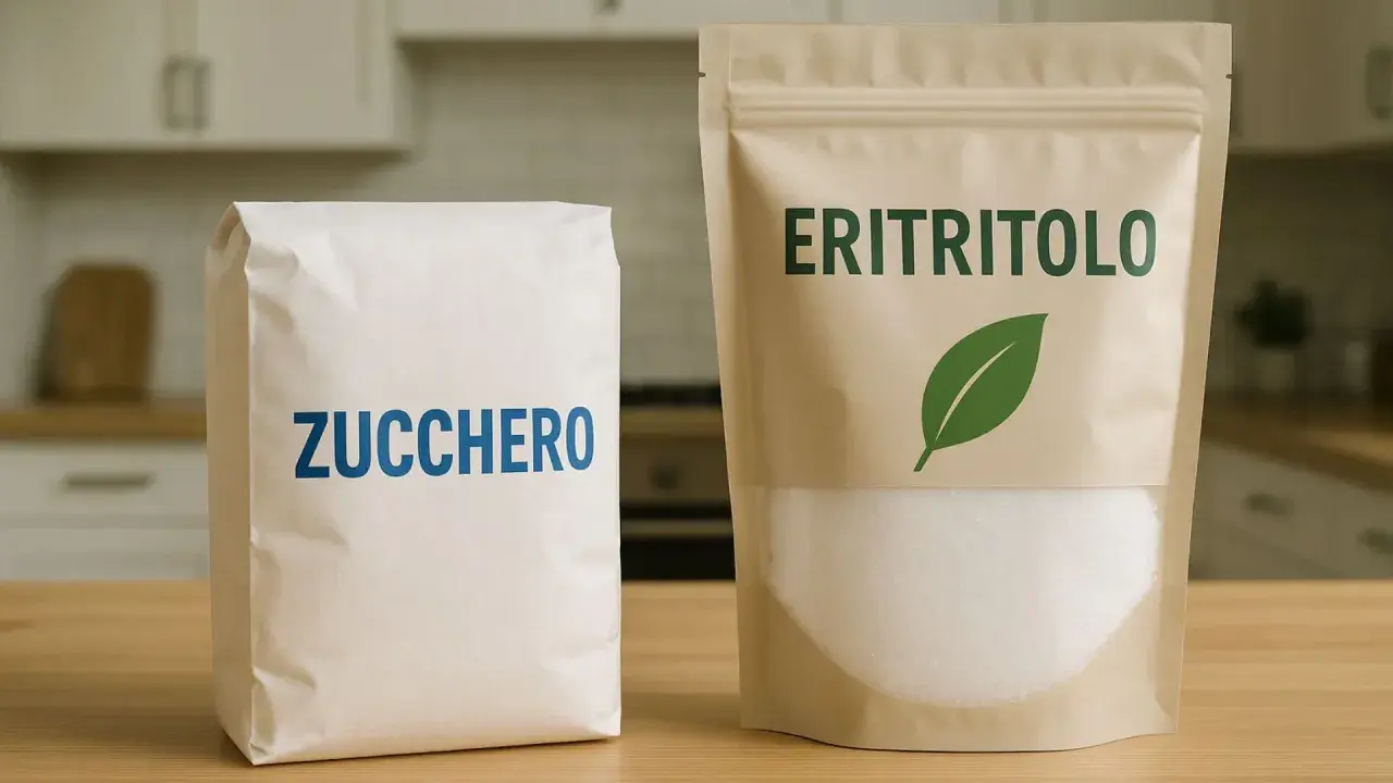 Sacchetto di zucchero e confezione di eritritolo. Attenzione, l'eritritolo fa male, meglio lo zucchero?