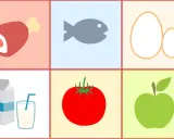 Sei vegetariano? Non preoccuparti, puoi mangiare il pesce! L'immagine mostra carne, pesce, uova, latte, pomodoro e mela.