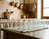 Una fila di vasetti di vetro puliti, pronti per imparare come sterilizzare i vasetti per le conserve. La cucina rustica fa da sfondo.