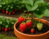 Fragole mature e verdi in vaso, pronte per essere raccolte. Un buon inizio per capire come conservare le fragole fresche.