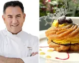 Chef sorridente accanto a una deliziosa zeppola di San Giuseppe, guarnita con crema pasticcera, amarene e decorazione di zucchero.