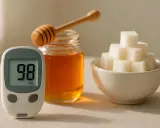 Glucosio a 98. Un barattolo di miele con un mestolo e zollette di zucchero. Il miele alza la glicemia.