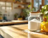 Barattolo di acido citrico e limoni su un tavolo di legno, pronti per vari usi domestici e di pulizia.
