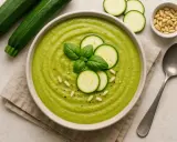 Vellutata di zucchine cremosa, guarnita con fette di zucchina, basilico e pinoli. Accanto, zucchine fresche e un cucchiaio.