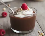 Budino fatto in casa al cioccolato, guarnito con panna montata, un lampone e nocciole tritate. Un cucchiaino d'argento è immerso nel dolce.