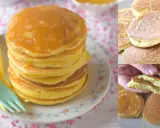 Pancake con farina di riso, soffici e dorati, impilati su un piatto con due forchette colorate. Alcuni sono guarniti con sciroppo.