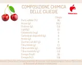 Due ciliegie rosse brillanti, con accanto la tabella nutrizionale che conferma: le ciliegie fanno bene, ricche di acqua e fibre.