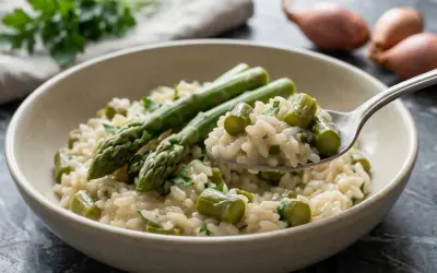 Un cremoso risotto con asparagi freschi, guarnito con prezzemolo tritato. Una forchettata mostra la consistenza perfetta.