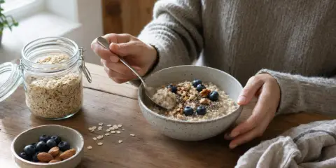 Persona che gusta una ciotola di fiocchi d'avena con mirtilli e noci. Un barattolo di fiocchi d'avena è visibile. Ecco come mangiare i fiocchi d'avena per una colazione sana.