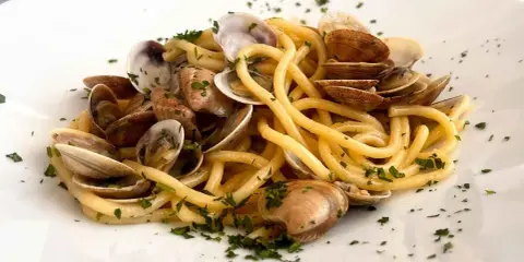 Spaghetti con lupini di mare, un piatto di pasta fresca condita con molluschi e prezzemolo tritato, servito su un piatto bianco.
