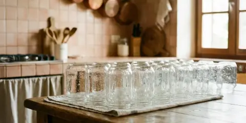 Una fila di vasetti di vetro puliti, pronti per imparare come sterilizzare i vasetti per le conserve. La cucina rustica fa da sfondo.