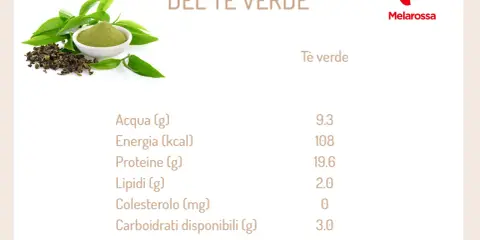 Composizione chimica del tè verde, con un'immagine di foglie e polvere di tè. Scopri i benefici del tè verde per la tua salute.
