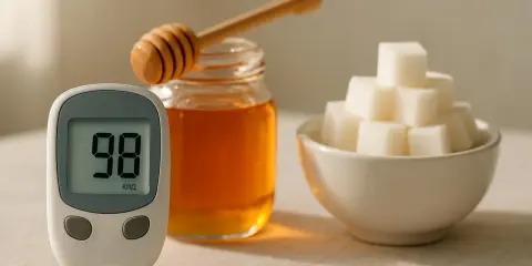 Glucosio a 98. Un barattolo di miele con un mestolo e zollette di zucchero. Il miele alza la glicemia.