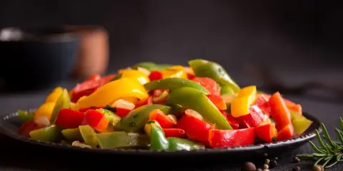 Peperoni colorati, cotti alla perfezione nella friggitrice ad aria, serviti su un piatto scuro. Un contorno sano e gustoso.