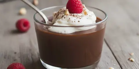 Budino fatto in casa al cioccolato, guarnito con panna montata, un lampone e nocciole tritate. Un cucchiaino d'argento è immerso nel dolce.