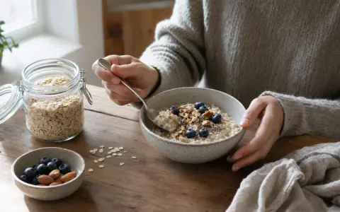 Persona che gusta una ciotola di fiocchi d'avena con mirtilli e noci. Un barattolo di fiocchi d'avena è visibile. Ecco come mangiare i fiocchi d'avena per una colazione sana.