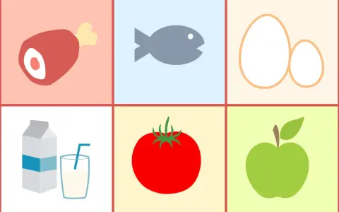 Sei vegetariano? Non preoccuparti, puoi mangiare il pesce! L'immagine mostra carne, pesce, uova, latte, pomodoro e mela.