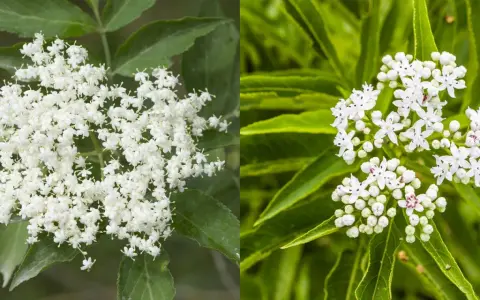 Dettaglio di grappoli di fiori di sambuco bianchi e profumati, con foglie verdi sullo sfondo.