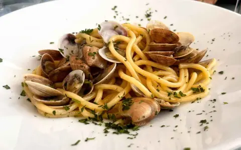 Spaghetti con lupini di mare, un piatto di pasta fresca condita con molluschi e prezzemolo tritato, servito su un piatto bianco.