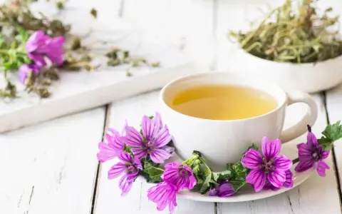 Una tazza di tisana alla malva, decorata con fiori viola, pronta a donare i suoi benefici.