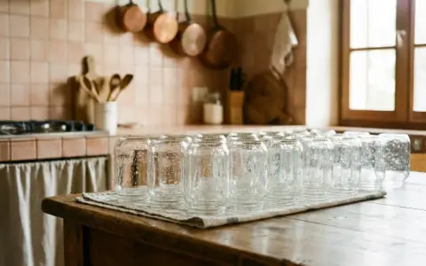Una fila di vasetti di vetro puliti, pronti per imparare come sterilizzare i vasetti per le conserve. La cucina rustica fa da sfondo.
