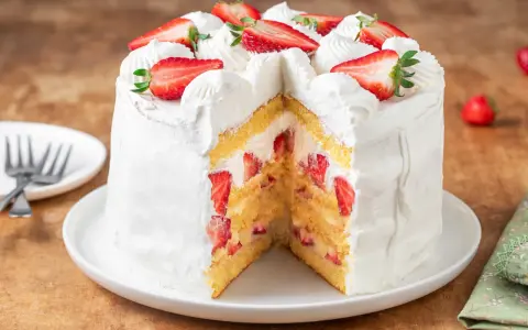 Torta fragole e panna, soffice pan di Spagna farcito con panna montata e tante fragole fresche, decorata con fragole a fette e ciuffi di panna.