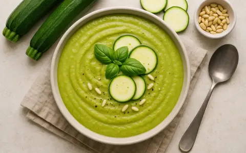 Vellutata di zucchine cremosa, guarnita con fette di zucchina, basilico e pinoli. Accanto, zucchine fresche e un cucchiaio.