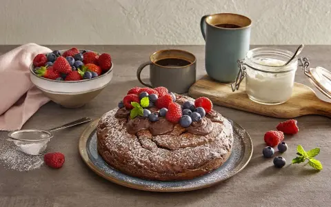 Torta yogurt e cioccolato, cosparsa di zucchero a velo e decorata con frutti di bosco freschi, pronta per essere gustata con un caffè.