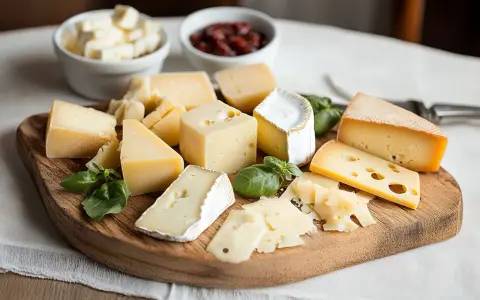Selezione di formaggi misti su tagliere, con ciotole di formaggio a cubetti e marmellata. Un'idea per gustosi formaggi in gravidanza, con attenzione alla varietà.