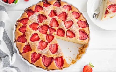 Torta alle fragole dorata, cosparsa di zucchero a velo, con fragole fresche affondate nell'impasto soffice. Una fetta è già stata servita.